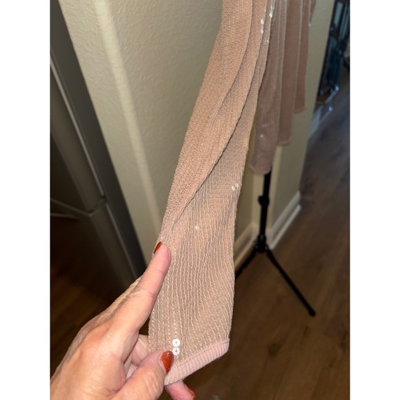 Free People Mink Sequin Knit Top Long Sleeve Sparkle Sheer Mesh Beige L - Picture 6 of 8